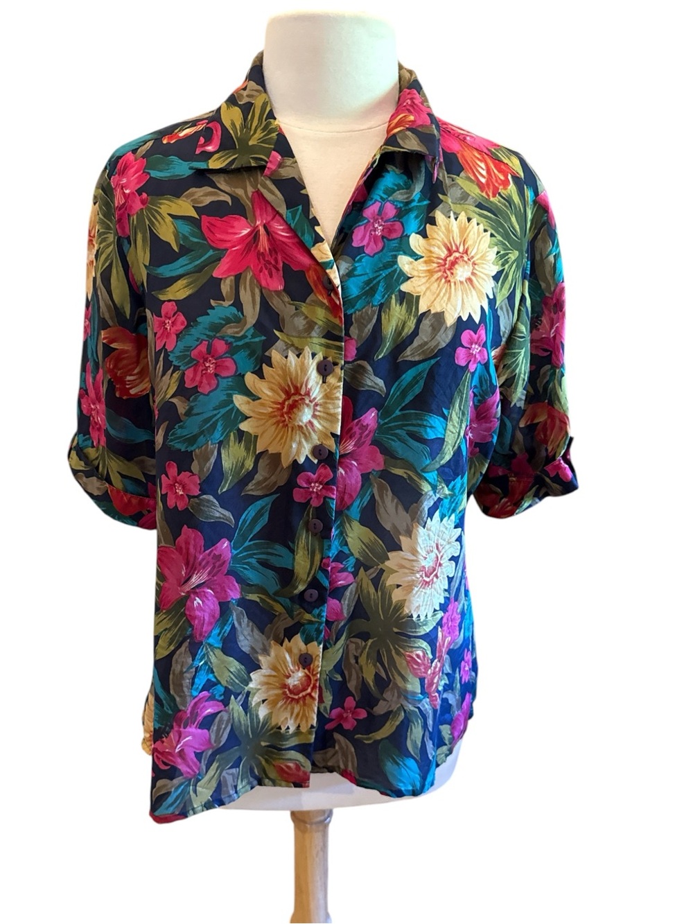 Anna and Frank Vintage Bright Floral Silk Shirt Green, Pink, Gold, Black Sz Lg